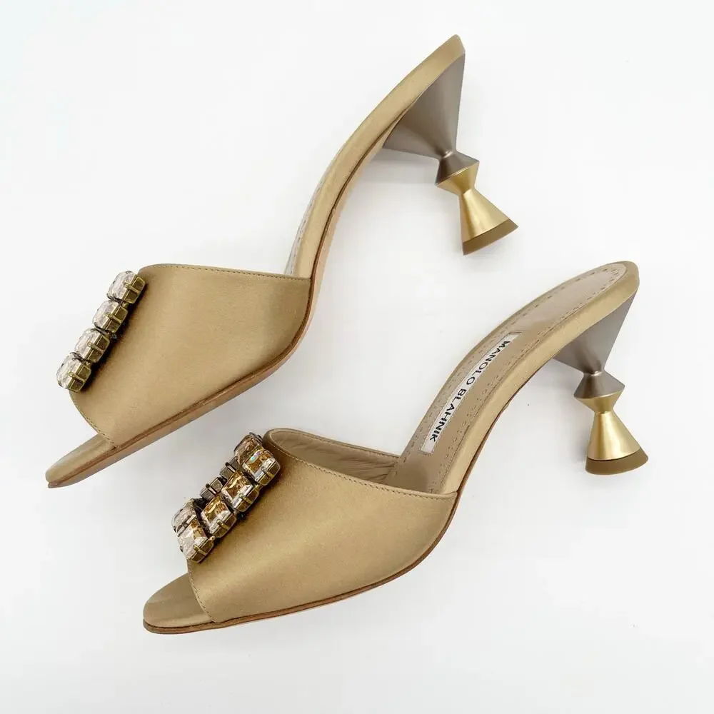 Manolo Blahnik Uliana Golden Brown Satin Crystal Open Toe Mule Heels IT 37